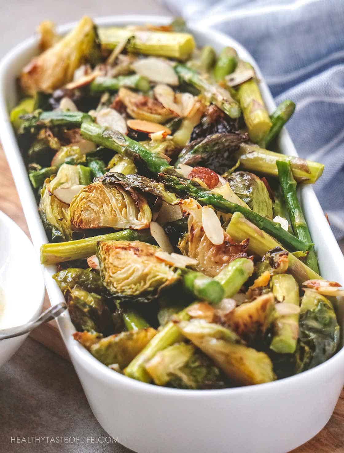 Oven Crisp Brussels Sprouts & Asparagus With Maple Dijon
